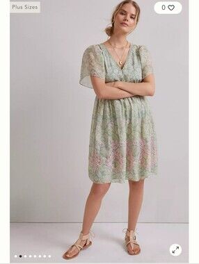 Anthropologie Cotton Light Green Floral Embroidered V-Neck Dress Size L